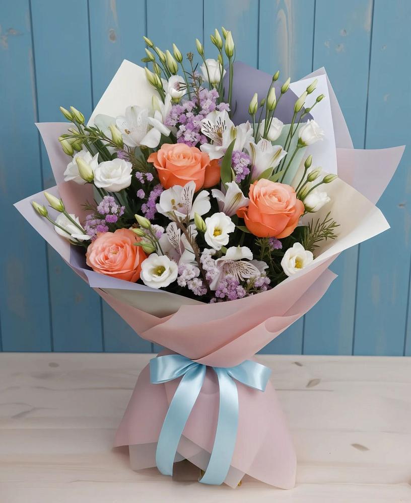 Букет цветов из: Лизиантусы, Розы, Альстромерии и Гипсофила в Григорьевской