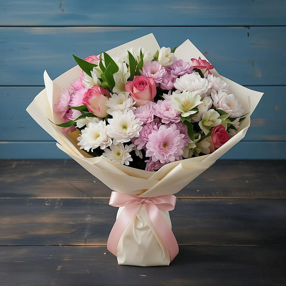 Букет цветов из: Хризантемы, Альстромерии и Розы в Григорьевской